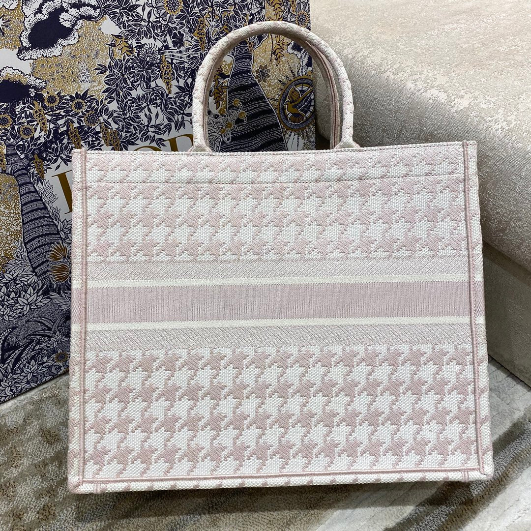 Top Quality Large Book Tote Pale Pink Houndstooth Embroidery, Pink, For Women Womens Handbags, Shoulder Bags, 42cm CD