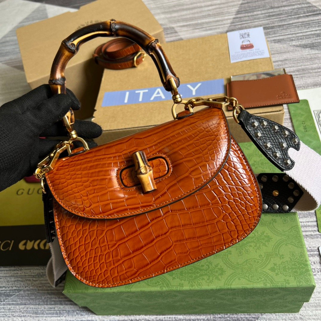 gg Bamboo 1947 Crocodile Top Handle Bag Red For Women, Women’s Bags 10in/26cm gg