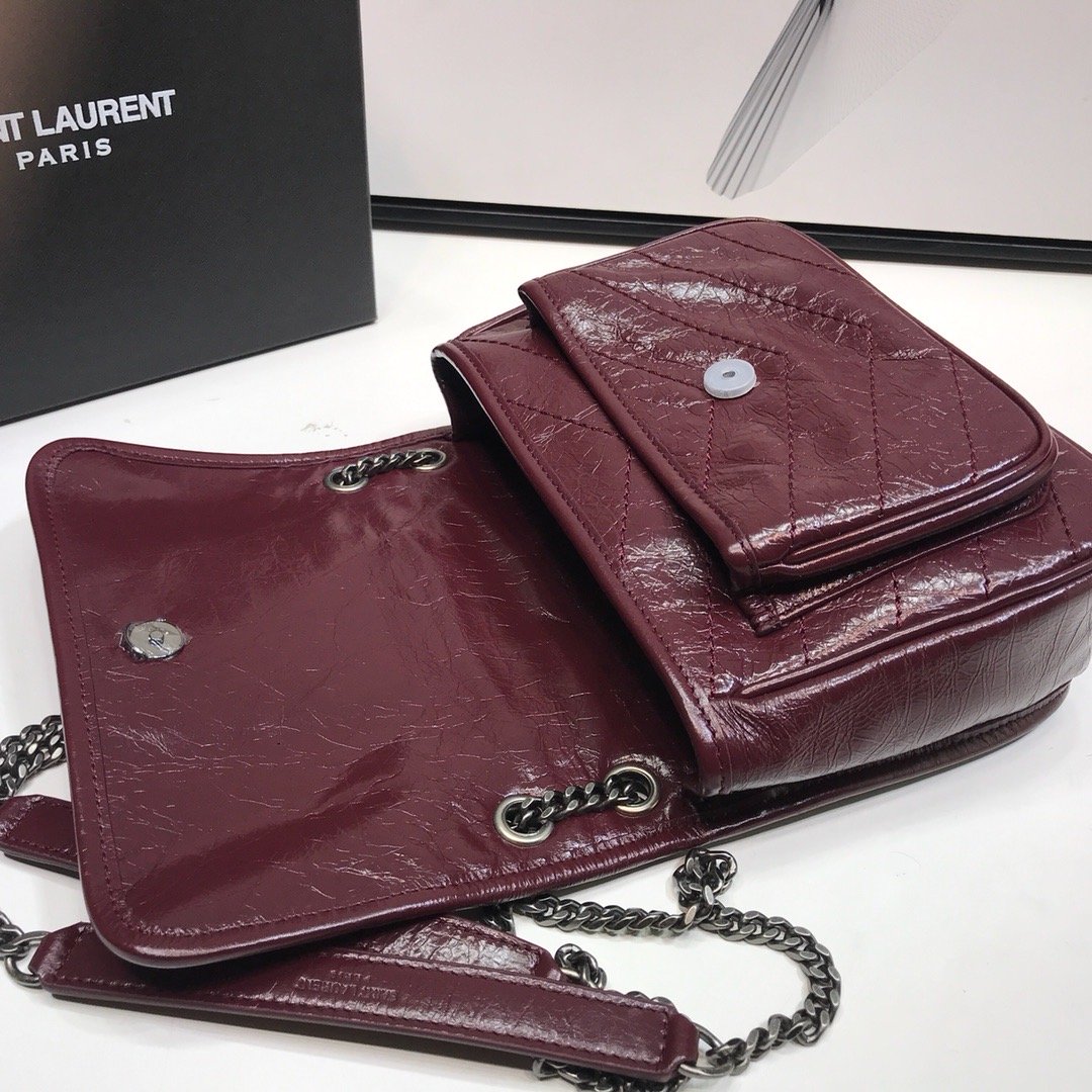 YSSL Niki Baby Chain Bag In Crinkled   Burgundy For Women 8in/21cm YSL 6331600EN046475
