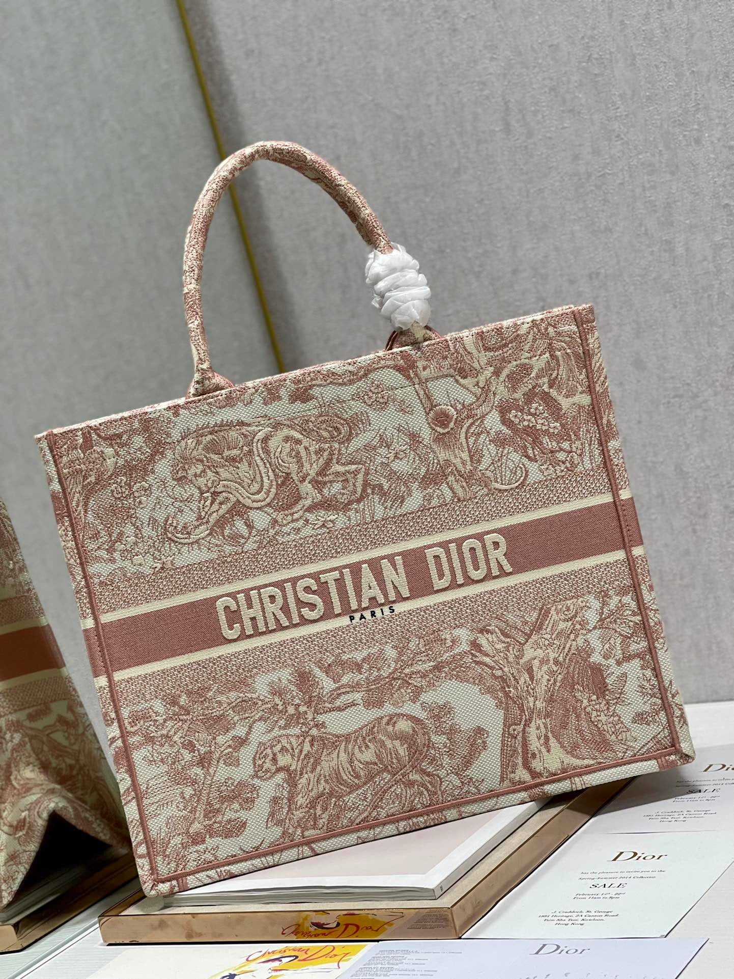 Top Quality Large Book Tote Red Toile de Jouy Embroidery, Light Red, For Women Womens Handbags, 42cm CD