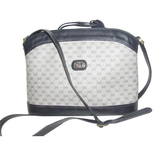Gucci   Navy Blue Leather And Blue Small G Print Coated Canvas Satchel