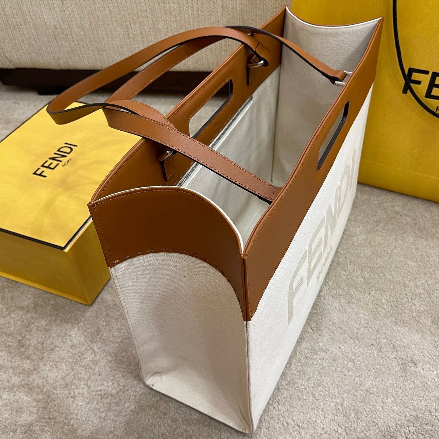 Top QualityTop Quality Canvas Tote Bag Beige/Brown For Women, Women’s Handbags 18.1in/46cm FF 7VA480