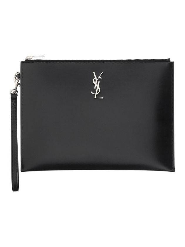Luxury Saint Laurent Trending 2025 Monogram Silver Logo Clutch Bag Black