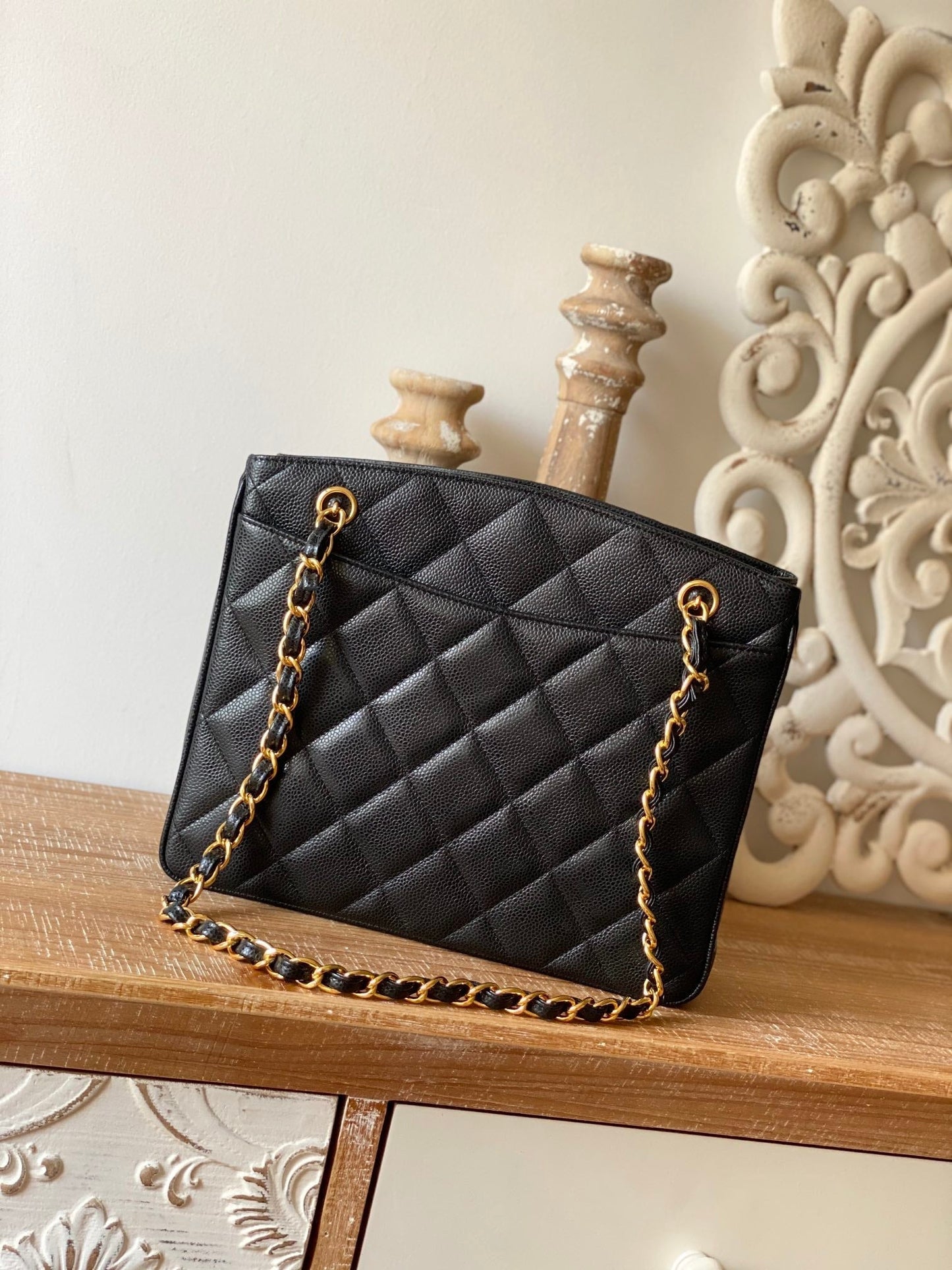 CHL Black Medium Quilted Caviar Tote Bag For Women 28cm/11in