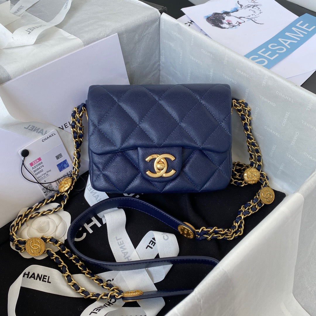 CHLMini Flap Bag With Top Handle Gold Hardware Navy Blue For Women, Women’s Handbags, Shoulder Bags 7.9in/20cm AS2431 B08846 NJ532