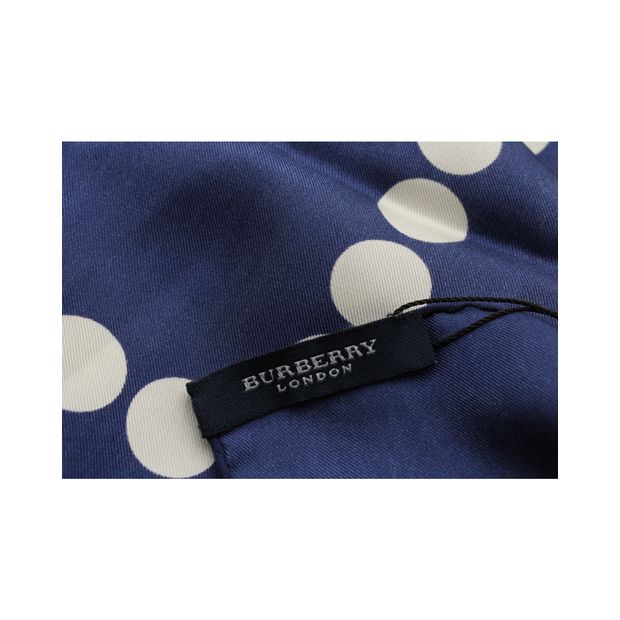 Burberry LONDON London Navy Blue Silk Scarf - Blue And White Polka Dot Print