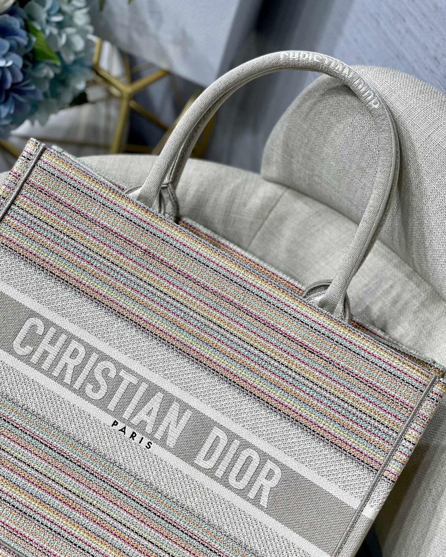 Top Quality Large Book Tote Bag Canvas Stripes Embroidery For Women 42cm/16.5in CD