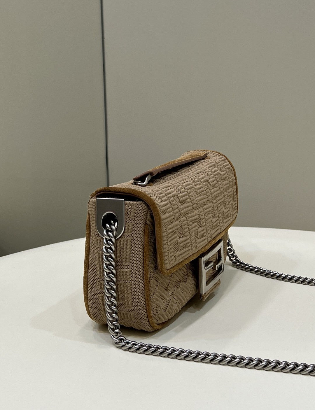 Top QualityTop Quality Baguette Chain Midi Beige FF Fabric Bag For Woman 14.5cm/6in 8BR793AHW5F1F2J