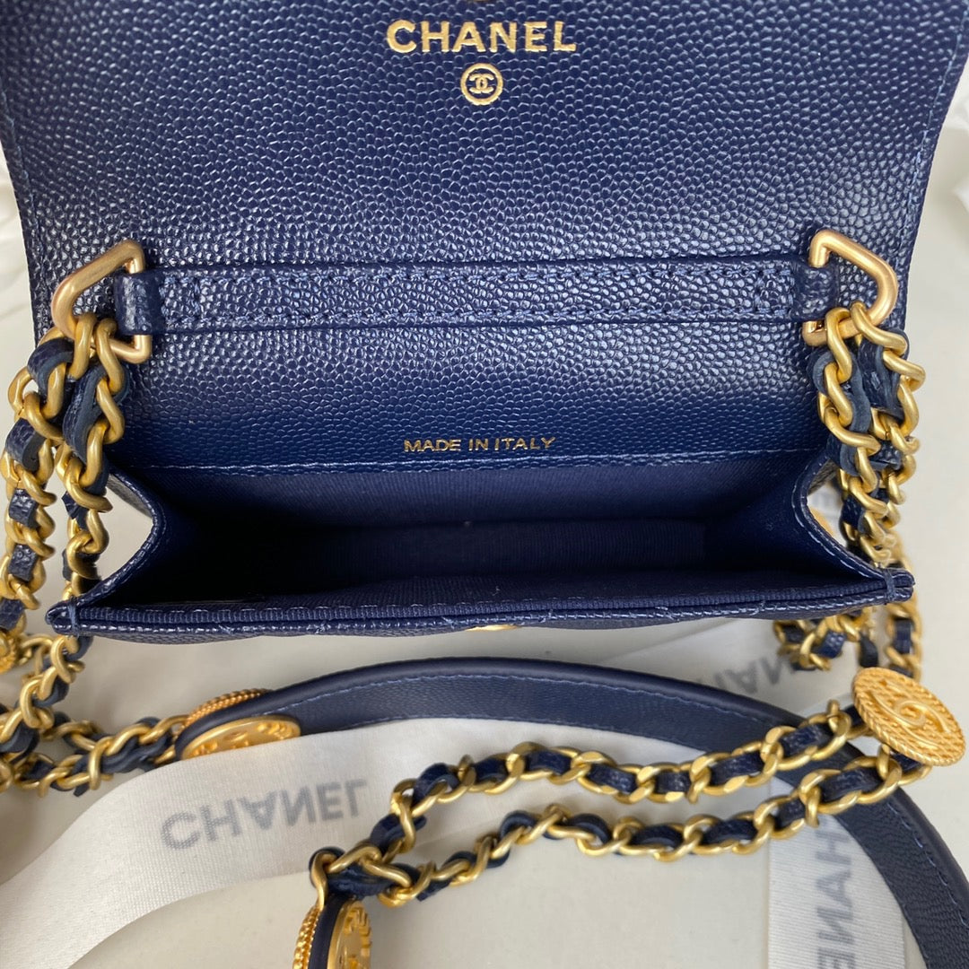 CHL Clutch With Chain Gold Hardware Grained Shinny Navy Blue For Women, Women’s Handbags, Shoulder Bags 4.7in/12cm AP2857