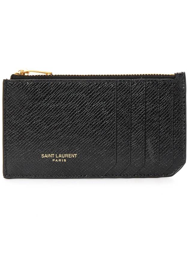 Luxury Saint Laurent Trending 2025 Coated Bark Leather Fragment Zipper Card Wallet Black