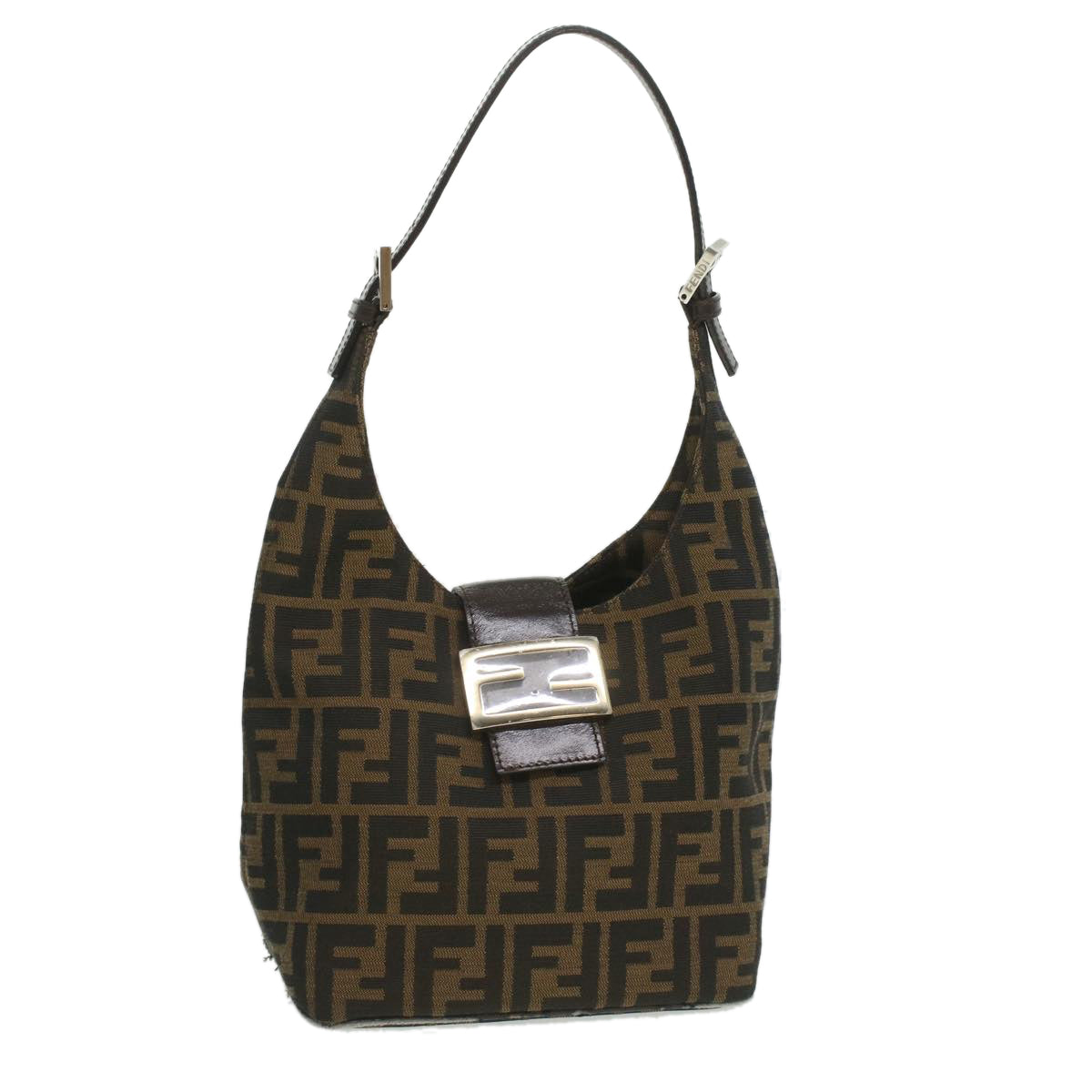 FENDI Zucca Canvas Mamma Baguette Shoulder Bag Nylon Brown Black Auth