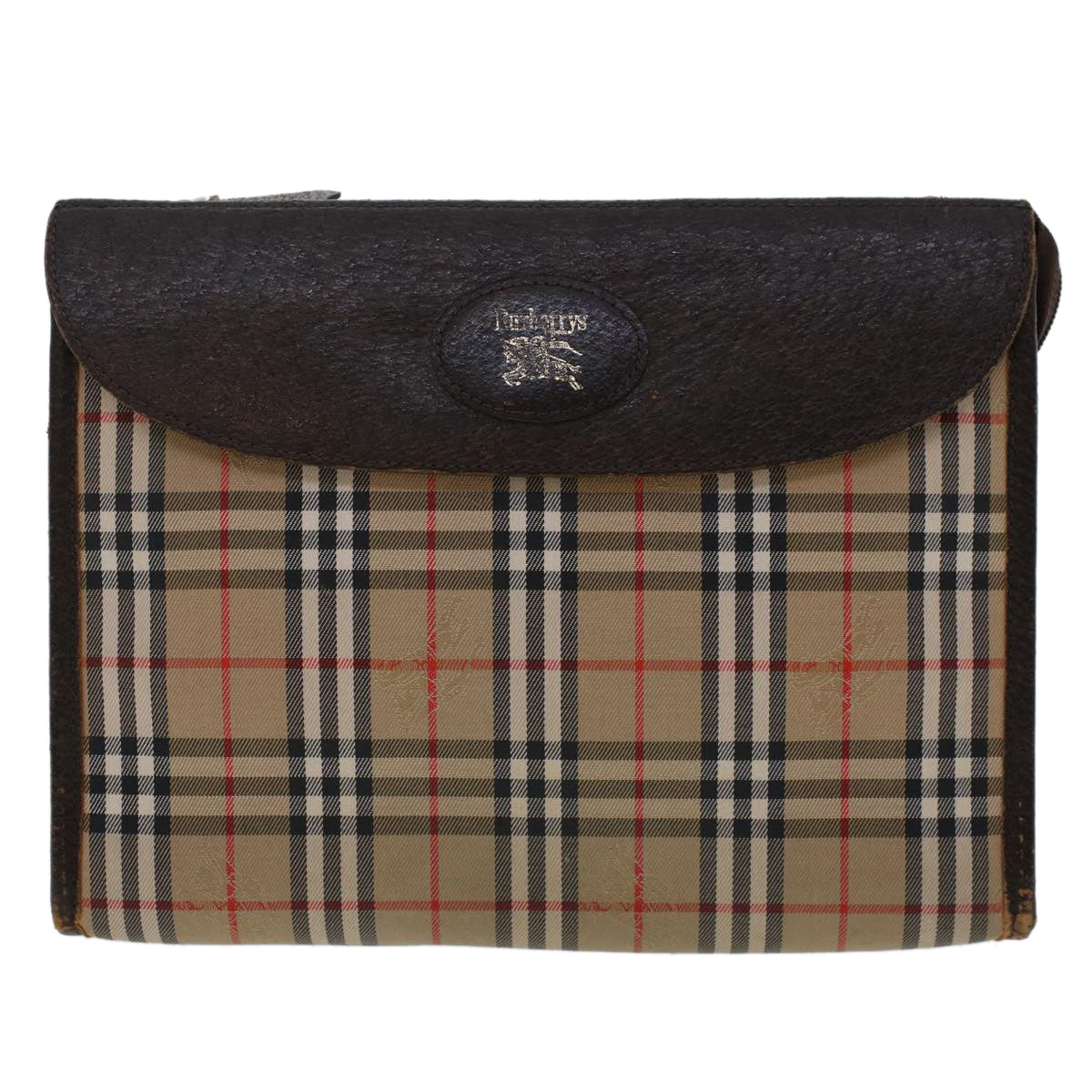 BURBERRYSs Nova Check Clutch Bag Nylon Leather Beige Auth am4674