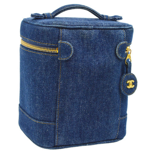 CHANEL 1996-1997 CC Logos Cosmetic Vanity Hand Bag Blue Denim ao07497