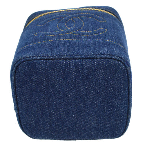 CHANEL 1996-1997 CC Logos Cosmetic Vanity Hand Bag Blue Denim ao07497