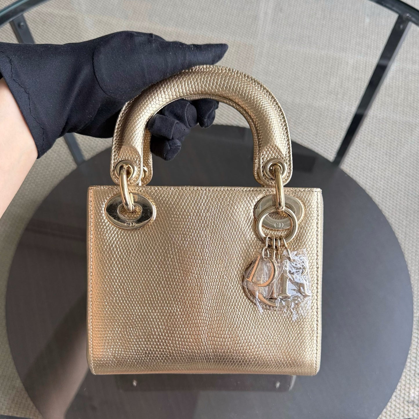 Dior Lady Mini - Exotic Lizard Skin Gold Metallic Gold Hardware Chain Strap