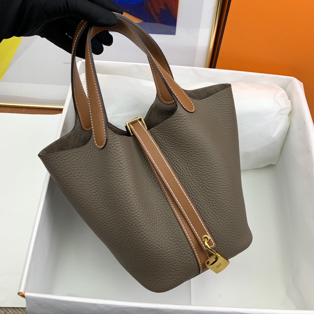 Top Quality Picotin Lock 18 Bag Etoupe/Brown With Gold-Toned Hardware For Women, Handbags 7.1in/18cm