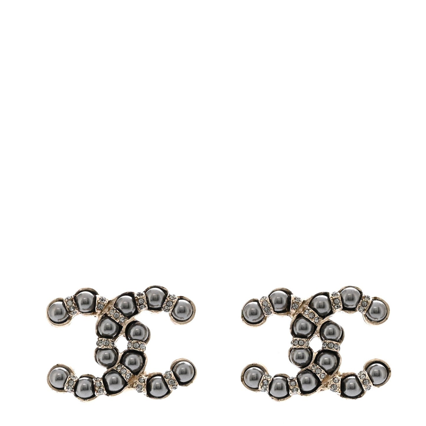 Chanel Pearl Crystal Nefertiti CC Earrings Silver Dark Grey