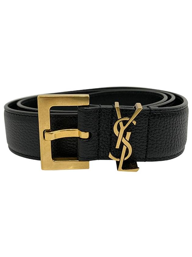 Luxury Saint Laurent Trending 2025 Cassandre Belt with Square Buckle in Grained Leather Black