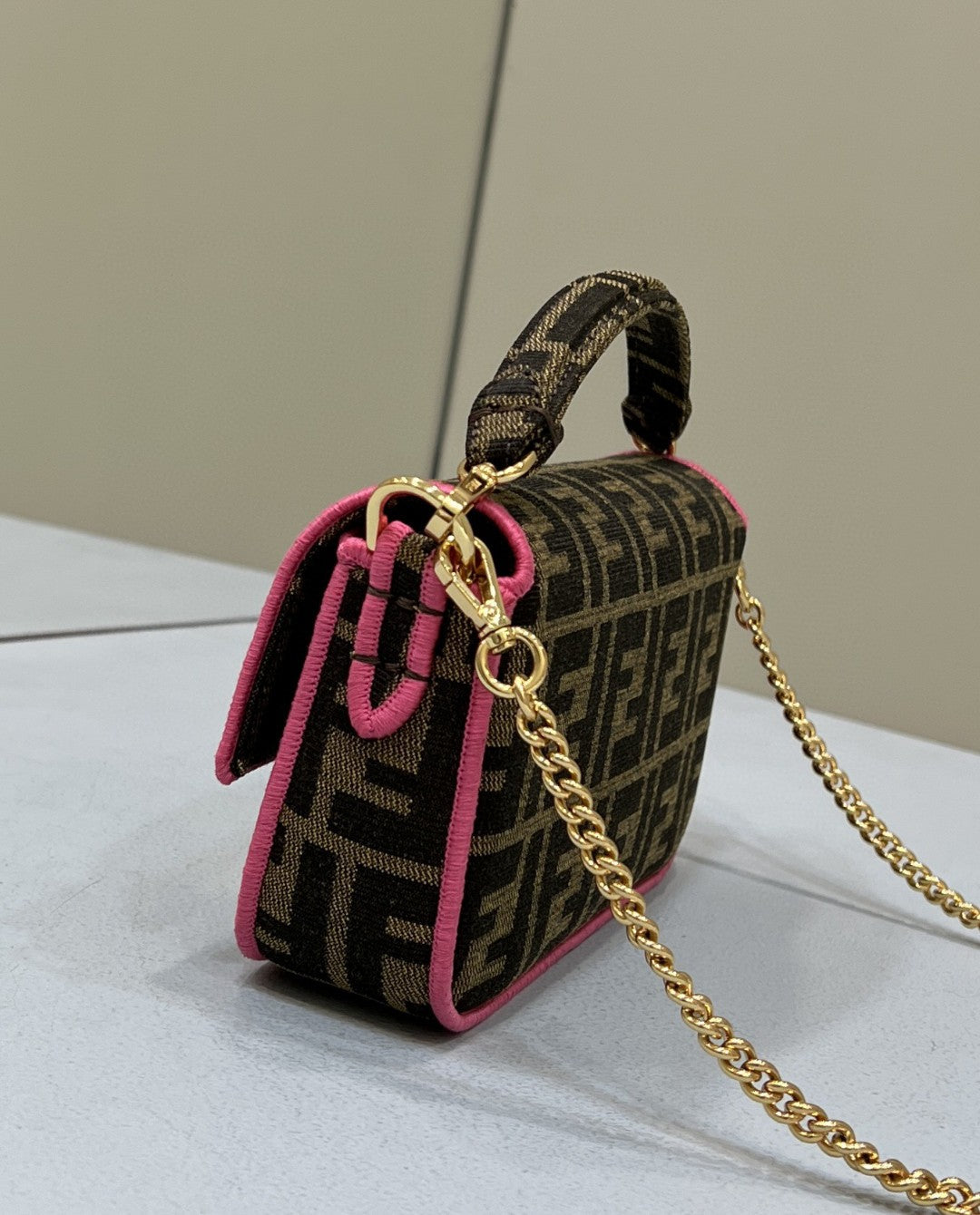 Top QualityTop Quality Baguette Small Brown Fabric Pink Border Bag For Woman 18cm/7in