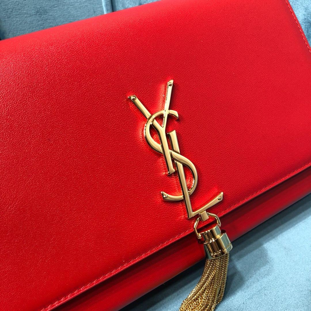 YSSL Kate Medium Chain Bag With Tassel In Grain De Poudre Red For Women 9in/24cm YSL