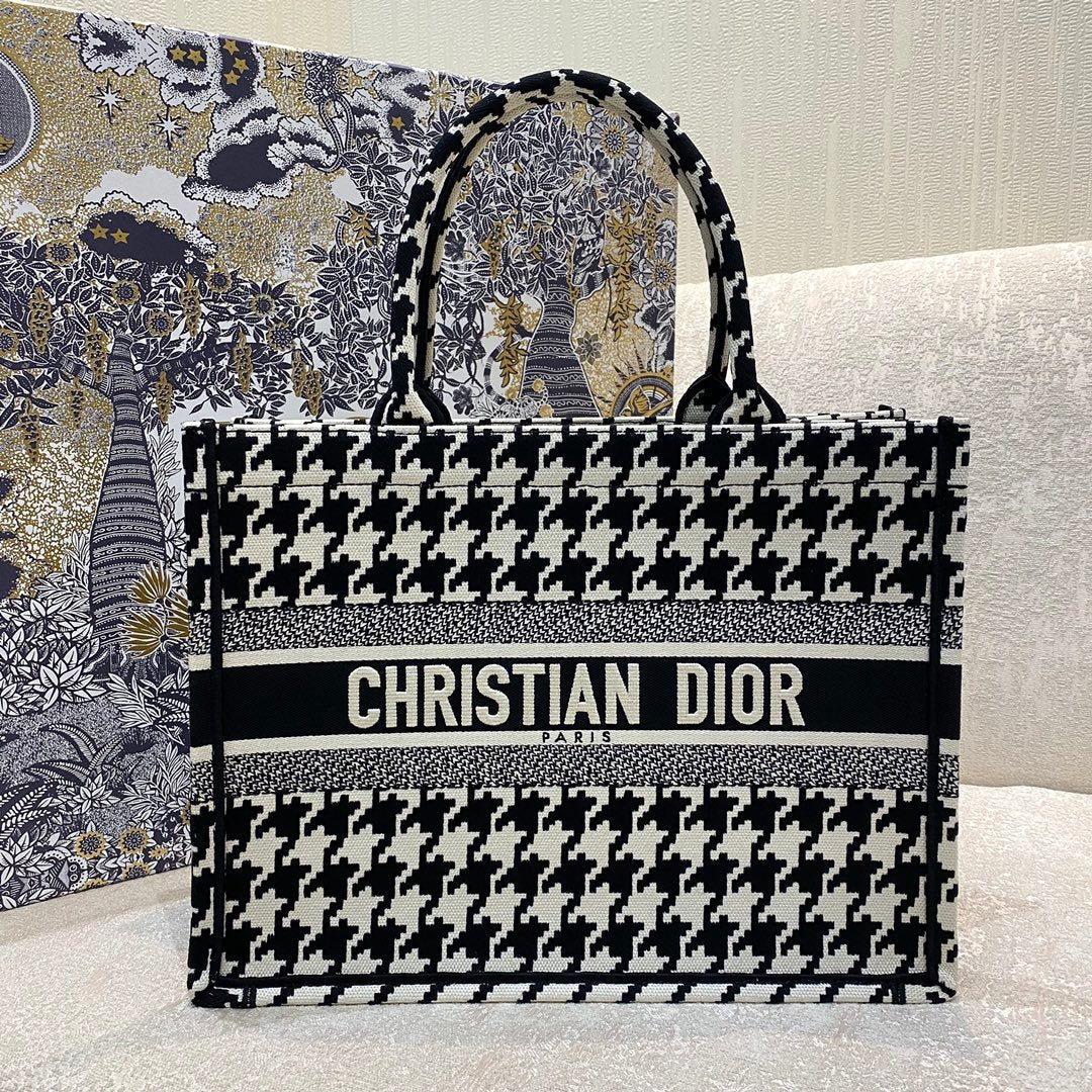 Top Quality MeTop Qualityum Book Tote Black Macro Houndstooth Embroidery, Blue, For Women Womens Handbags, Shoulder Bags, 36cm CD M1296ZTQT_M911