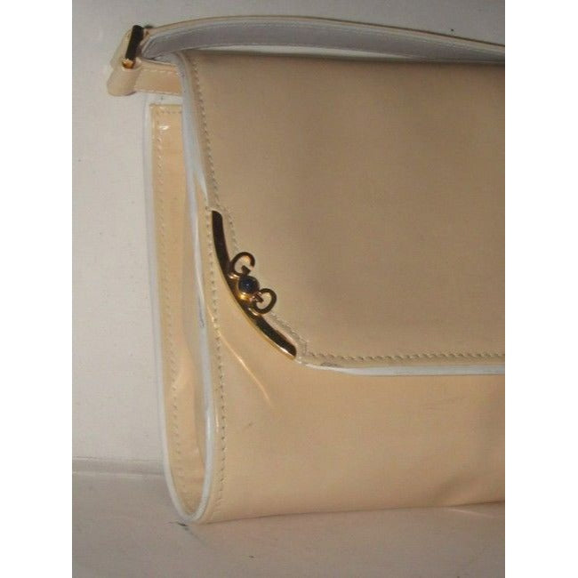 Gucci Clutch Sylvie   Two Way Purse Gold Gg And Accent Buttery Soft Glossy Tan And White Leather