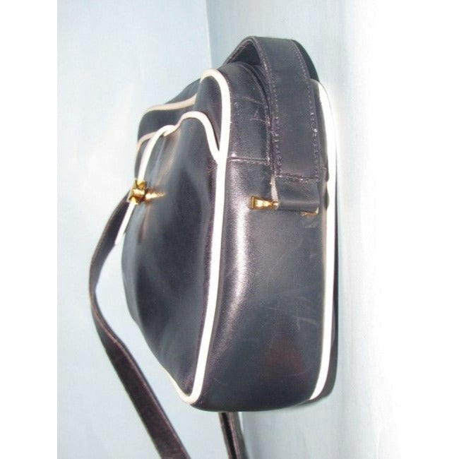 Gucci   Navy Blue Leather With White Piping Shoulder Bag