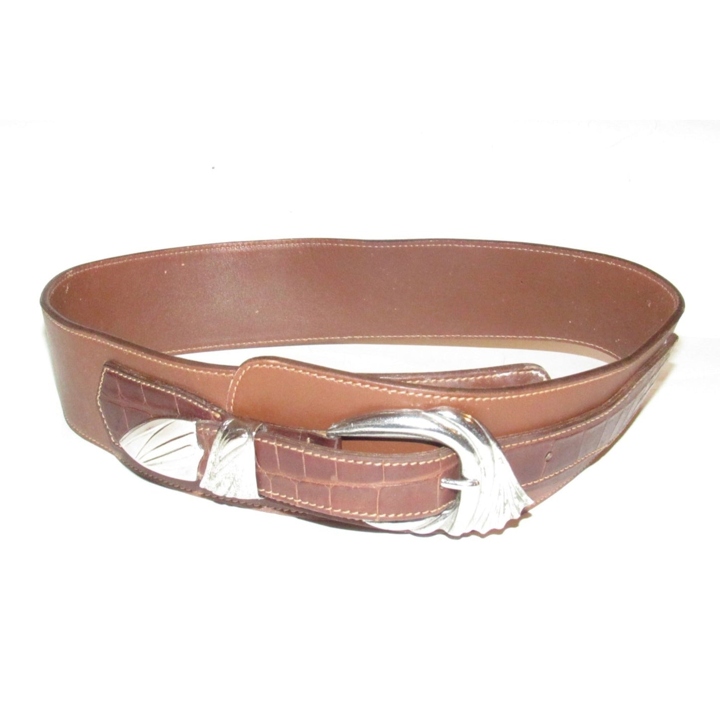 Gucci, wide, asymmetrical, brown crocodile & smooth leather belt with sterling silver hardware