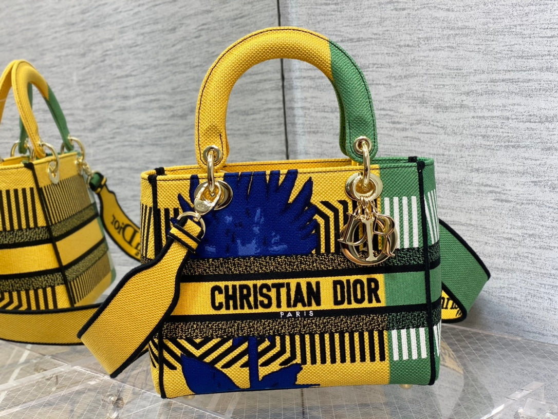 Top Quality MeTop Qualityum Lady D-Lite Bag D-Flower Pop Embroidery, Bright Yellow/Green Handbags, 24cm CD M0565OROO_M886