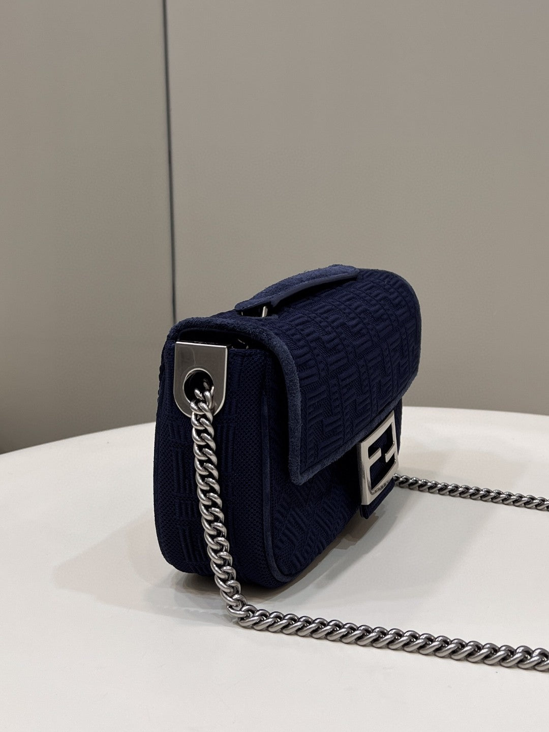 Top QualityTop Quality Baguette Chain Midi Navy Blue FF Fabric Bag For Woman 14.5cm/6in
