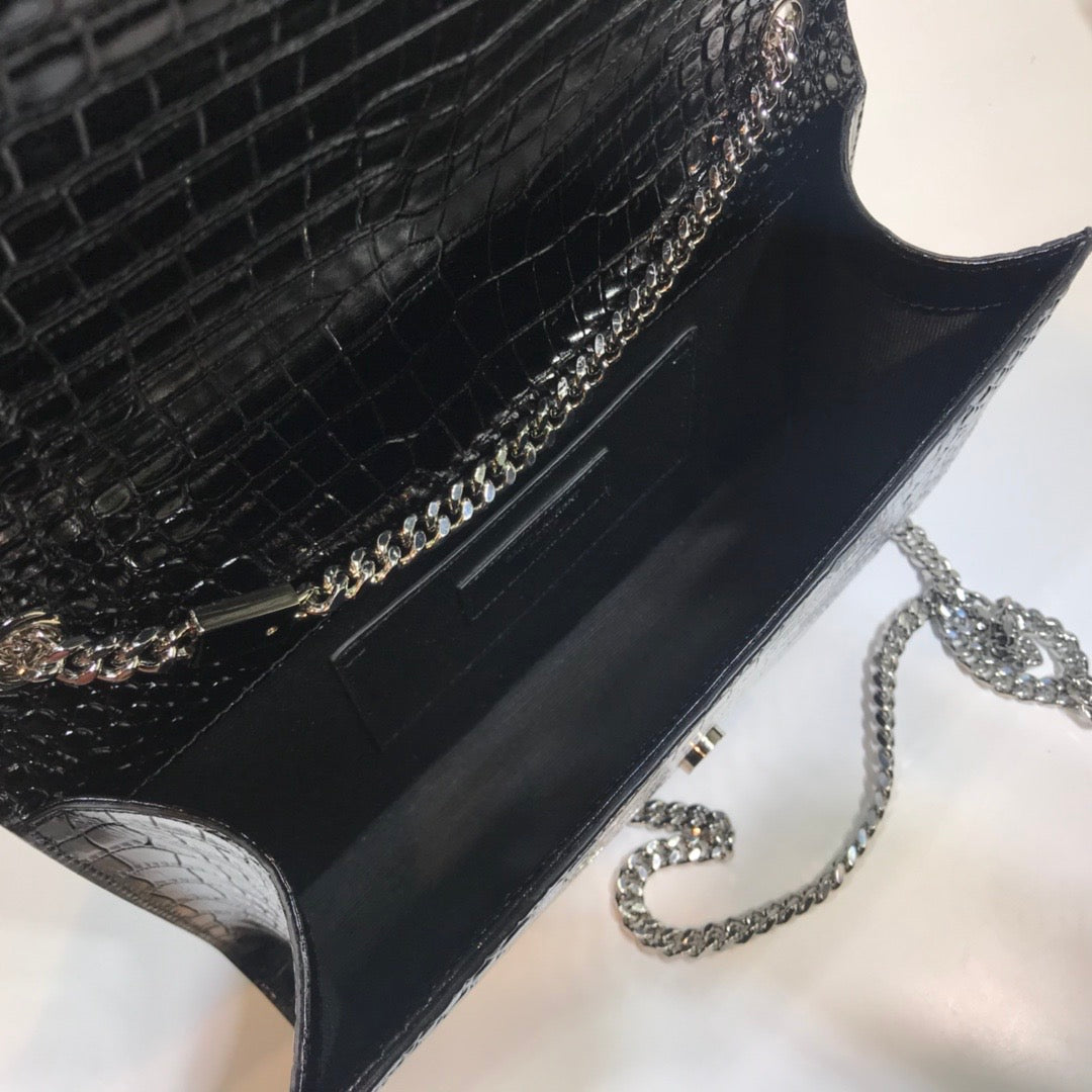 Top Quality Kate MeTop Qualityum Chain Bag With Tassel In Embossed CrocoTop Qualityle Black For Women 9.4in/24cm YSL 354119DND0N1000