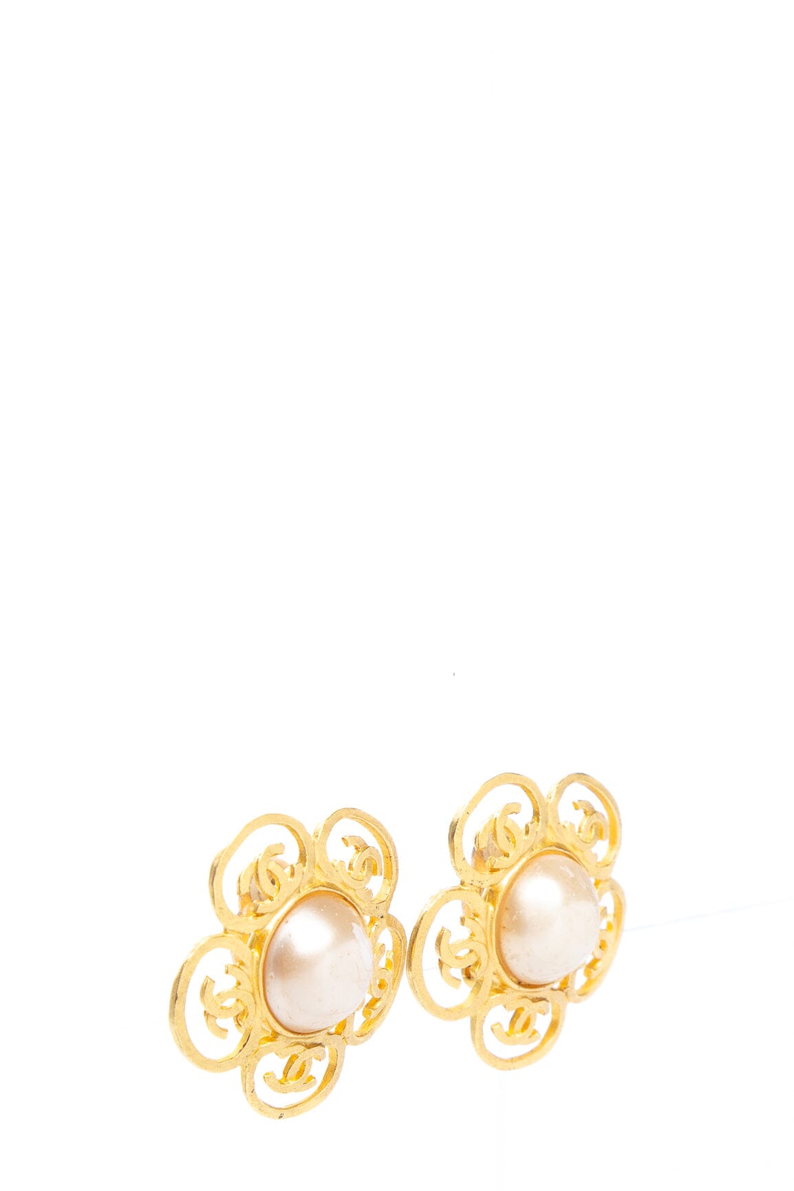Chanel   1995 Spring Pearl Flower Gold Clip-On Earrings