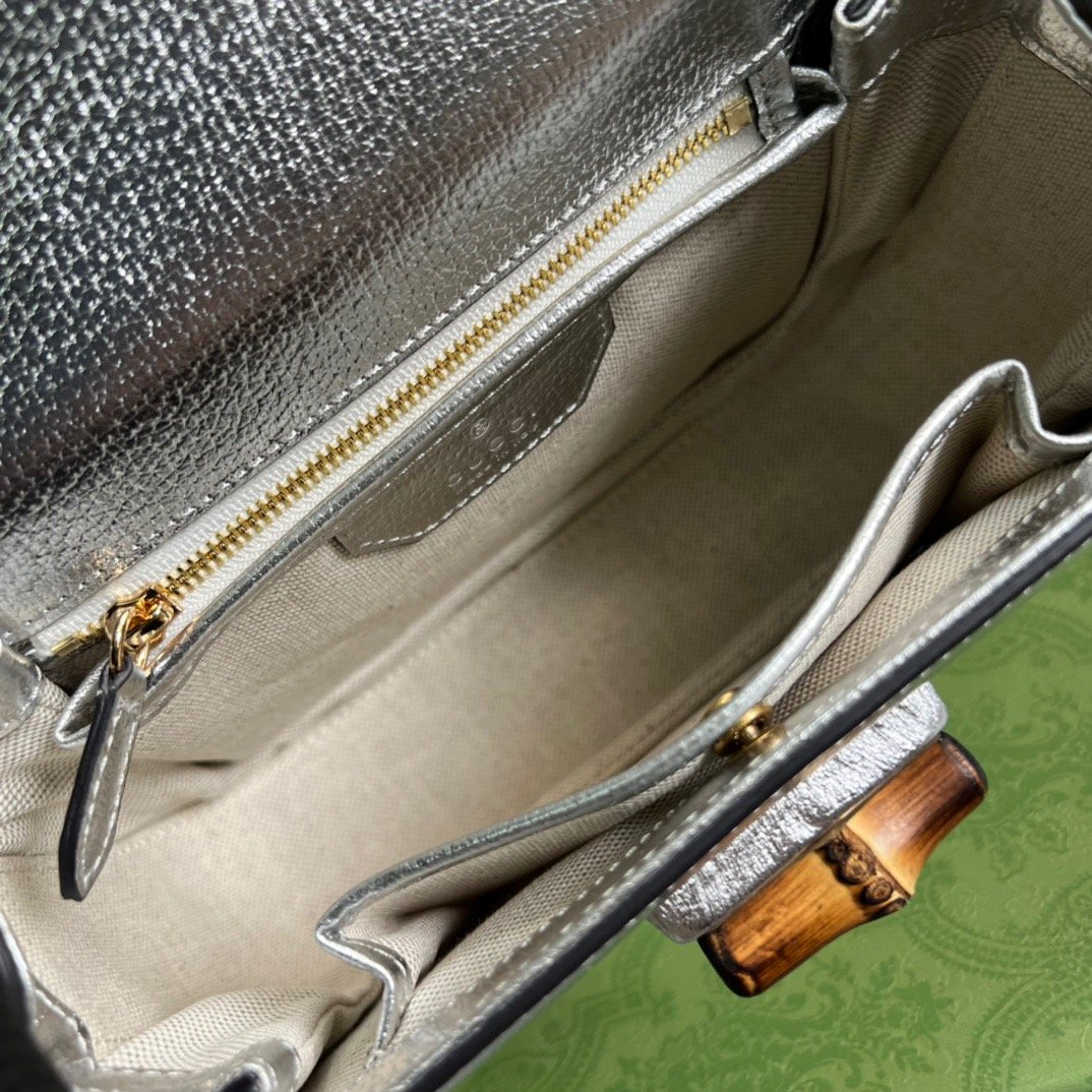 gg Bamboo 1947 Medium Top Handle Bag Silver For Women, Women’s Bags 10in/26cm gg