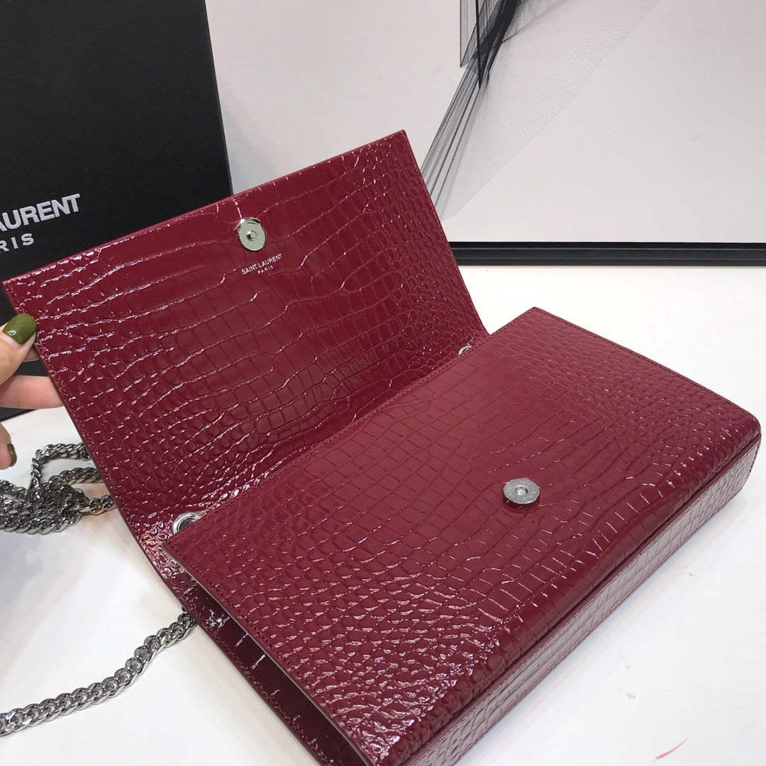 YSSL Kate Medium Chain Bag With Tassel In Shiny-Embossed Burgundy For Women 9in/24cm 