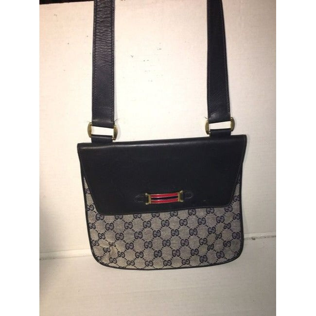 Gucci   Navy Leather And Large G Logo Print Canvas With An Enamel Accents