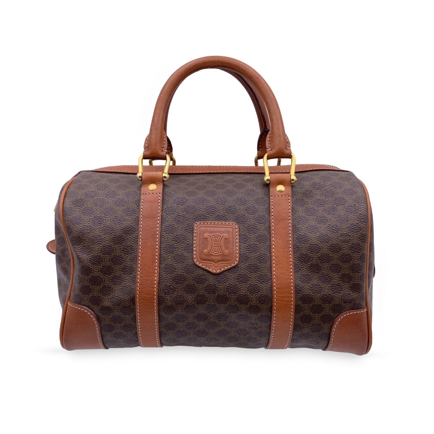 Luxury CELINE   Brown Macadam Canvas Boston Bag Duffel Duffle