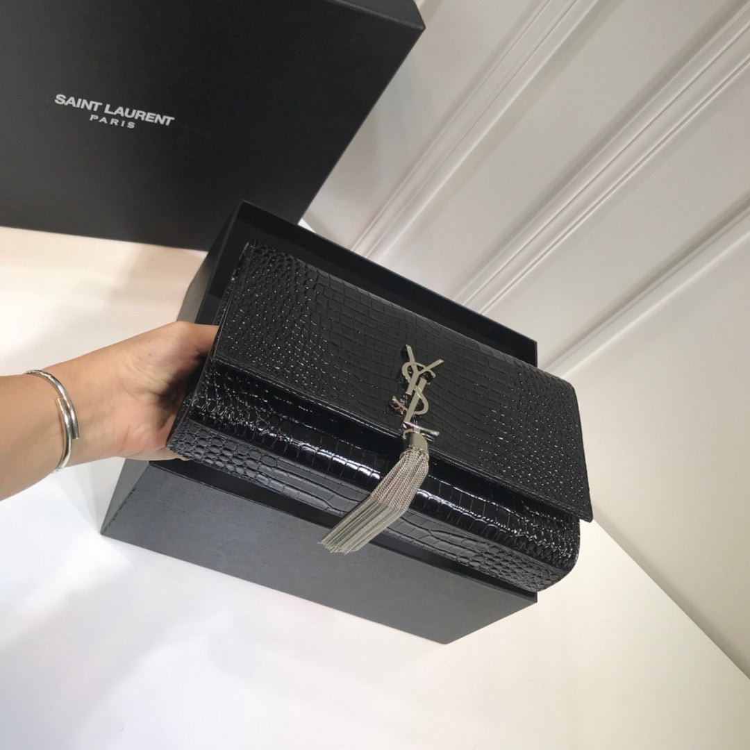 YSSL Kate Medium Chain Bag With Tassel In Embossed Crocodile Black For Women 9in/24cm YSL 354119DND0N1000