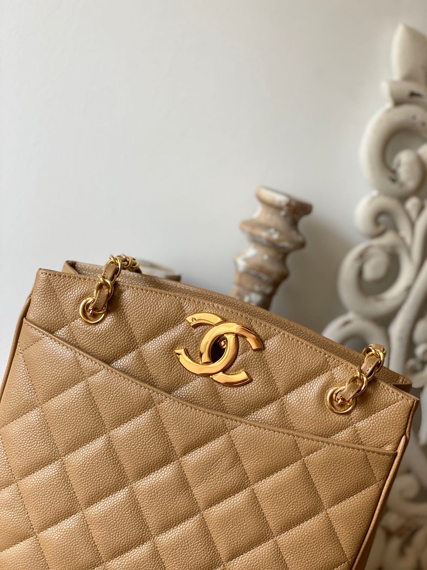 CHL Beige Large Quilted Caviar Tote Bag For Women 28cm/11in