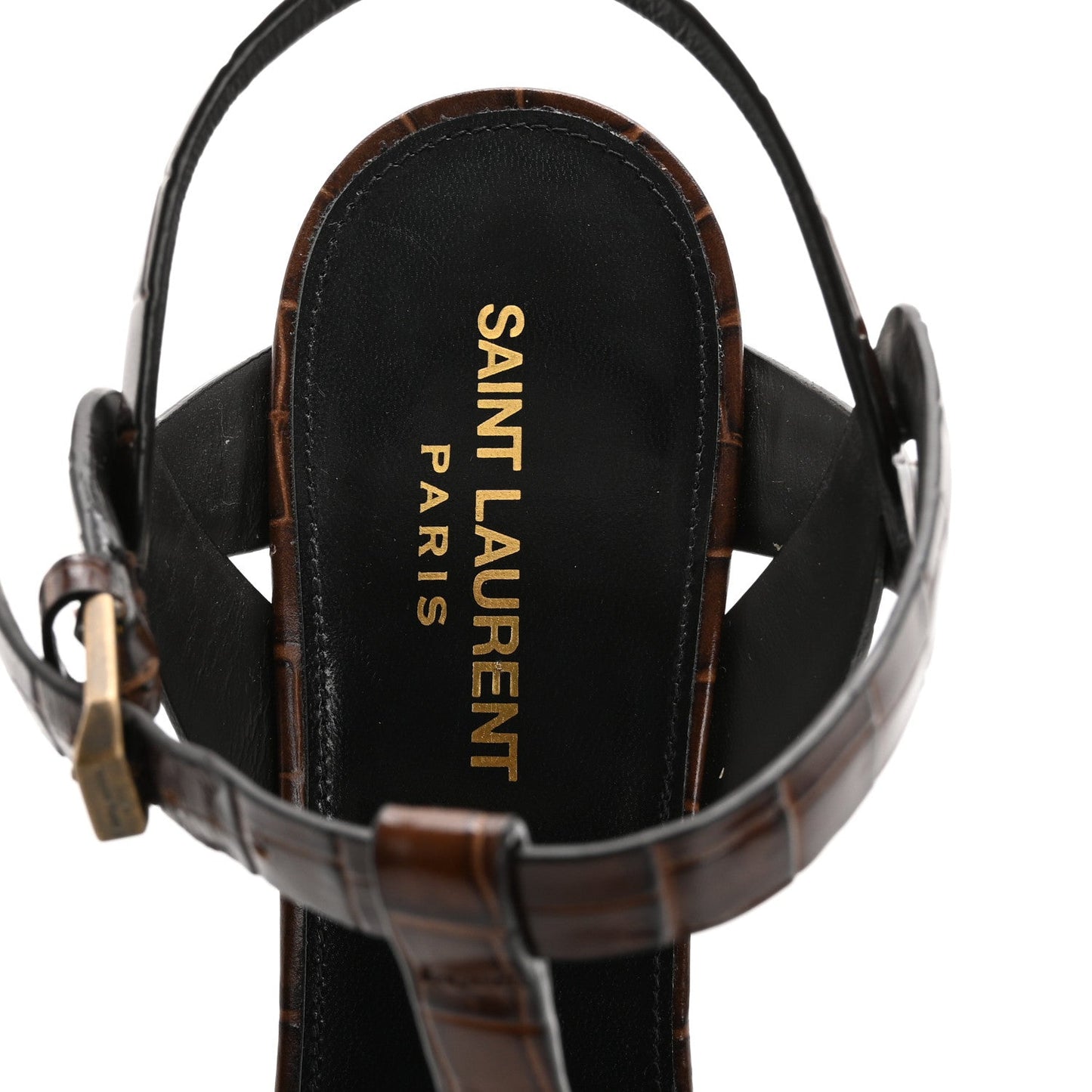 Saint Laurent Calfskin Crocodile Embossed Tribute 105 Sandals 39.5 Moro