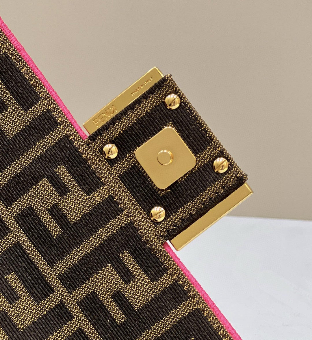 Top QualityTop Quality Baguette Small Brown Fabric Pink Border Bag For Woman 18cm/7in