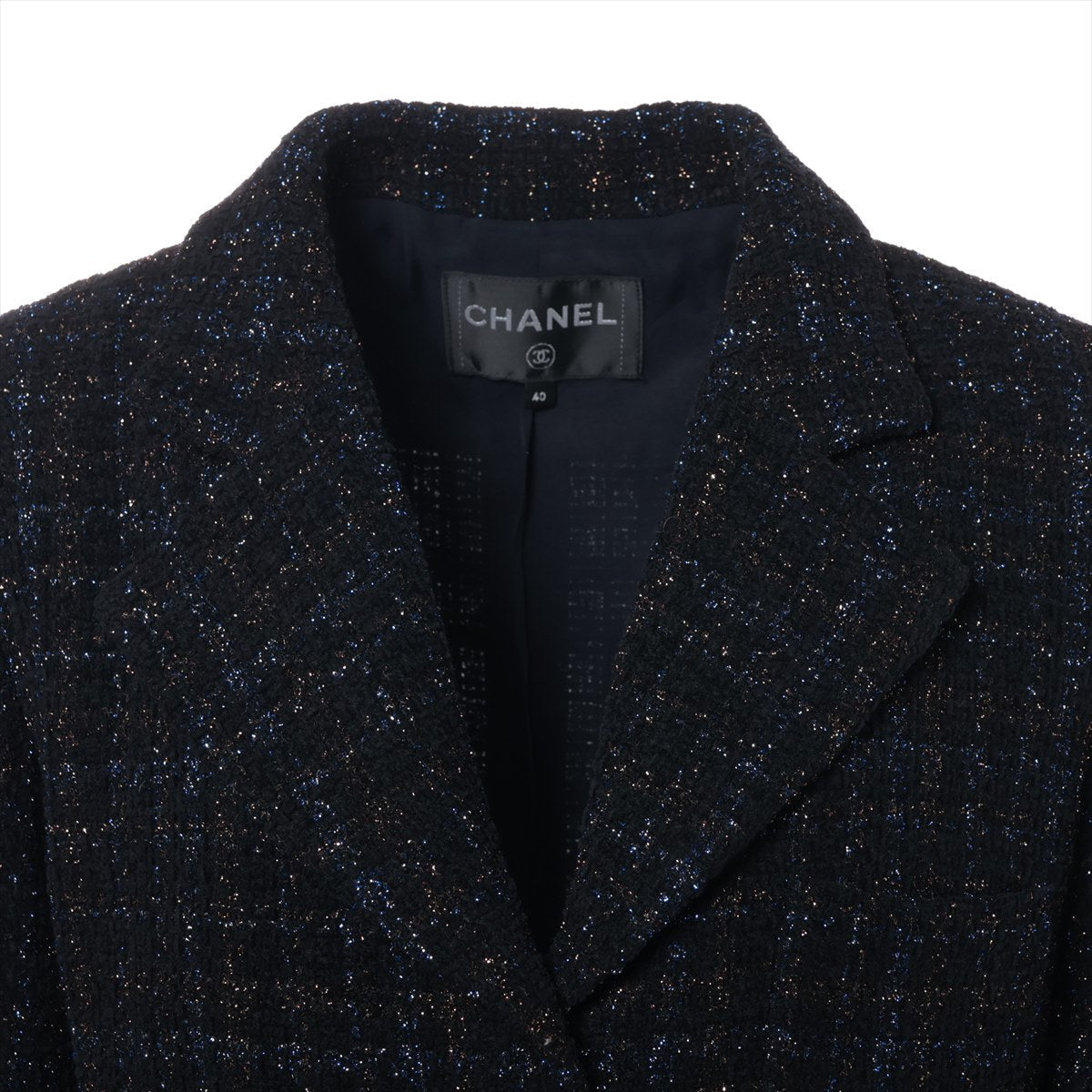 Chanel Coconut Button Cotton X Wool Jacket 40  Blue X Black P71761V62952 TWIDE