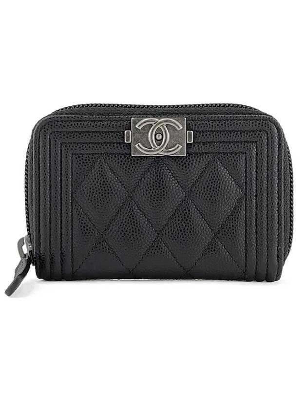 Boy   Silver Hardware Quilted Caviar Zipper Card Wallet Black Chanel