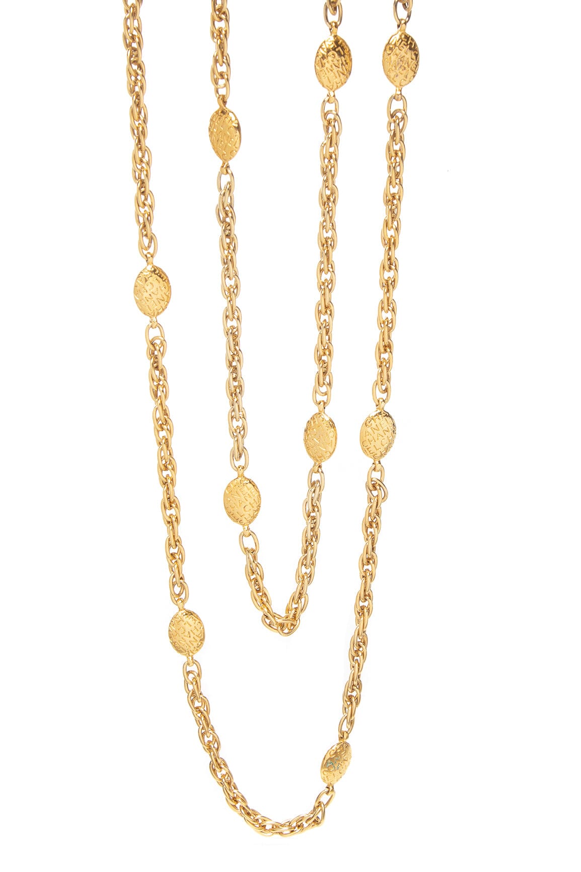 Chanel   1980s Single Gold Chain Engraved Oval Link Necklace