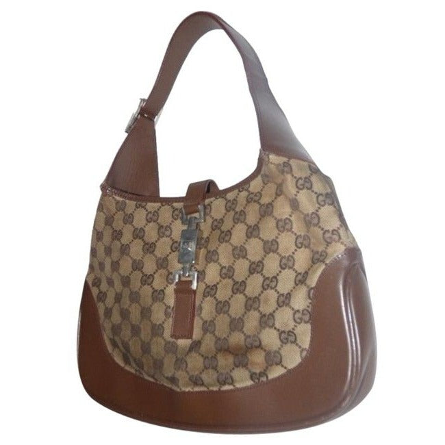 Gucci Jackie   Style Shoulder Purse Brown Large G Logo Print Leather Canvas Hobo Bag