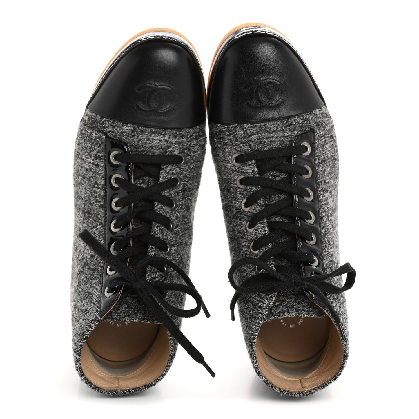 Chanel Wool Calfskin CC Lace Up Short Boots 37.5 Grey Black