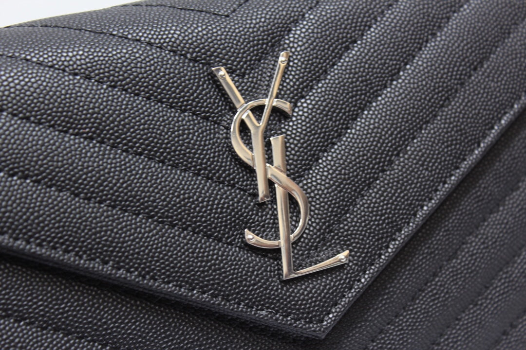 Top Quality Cassandre Matelassé Chain Wallet In Grain De Poudre Embossed Black For Women 8.8in/23cm YSL 377828BOW021000