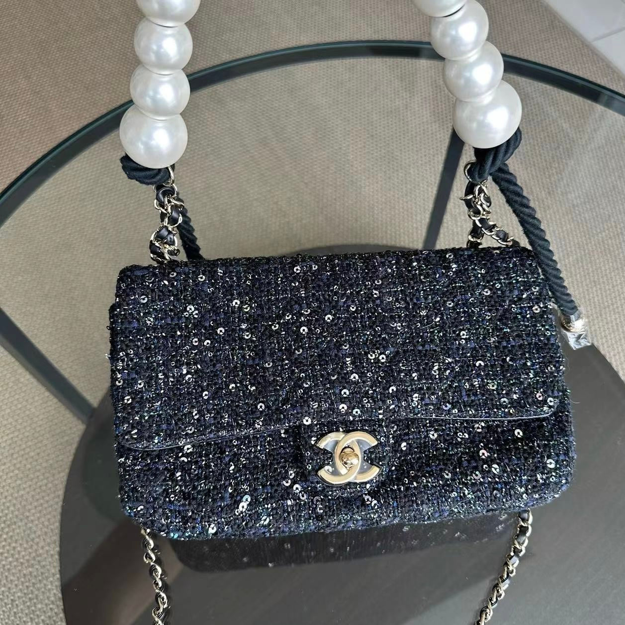 Chanel Classic Seasonal Flap Medium - Tweed Pearl Chain Black Gold Hardware Series 27