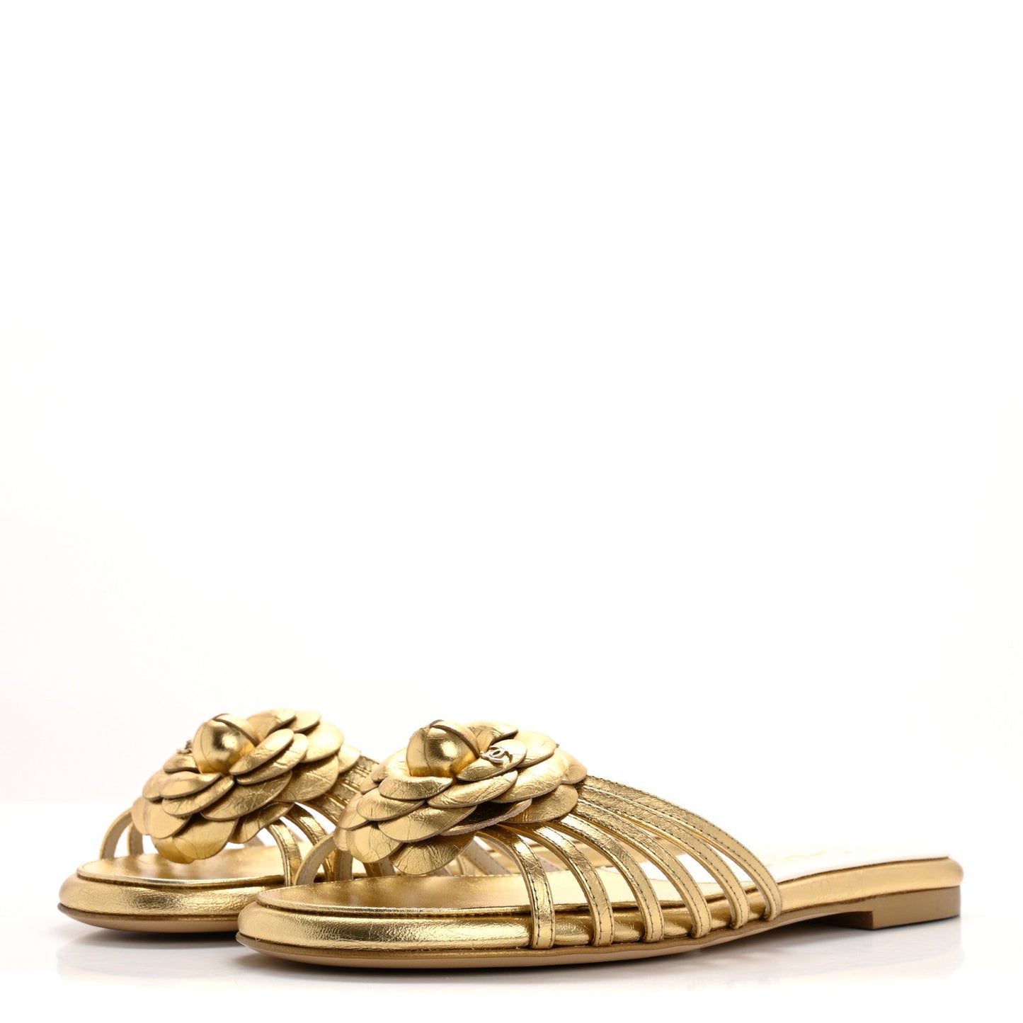 Chanel Laminated Lambskin Camellia CC Slide Sandals 36 Golden