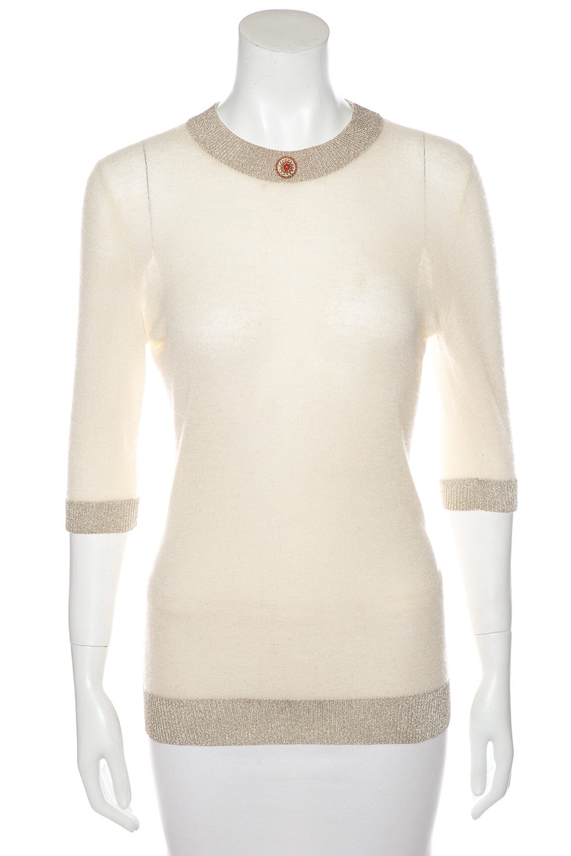 Chanel   Spring 1996 Cream Cashmere Silver Tone Trim Sweater SZ 38