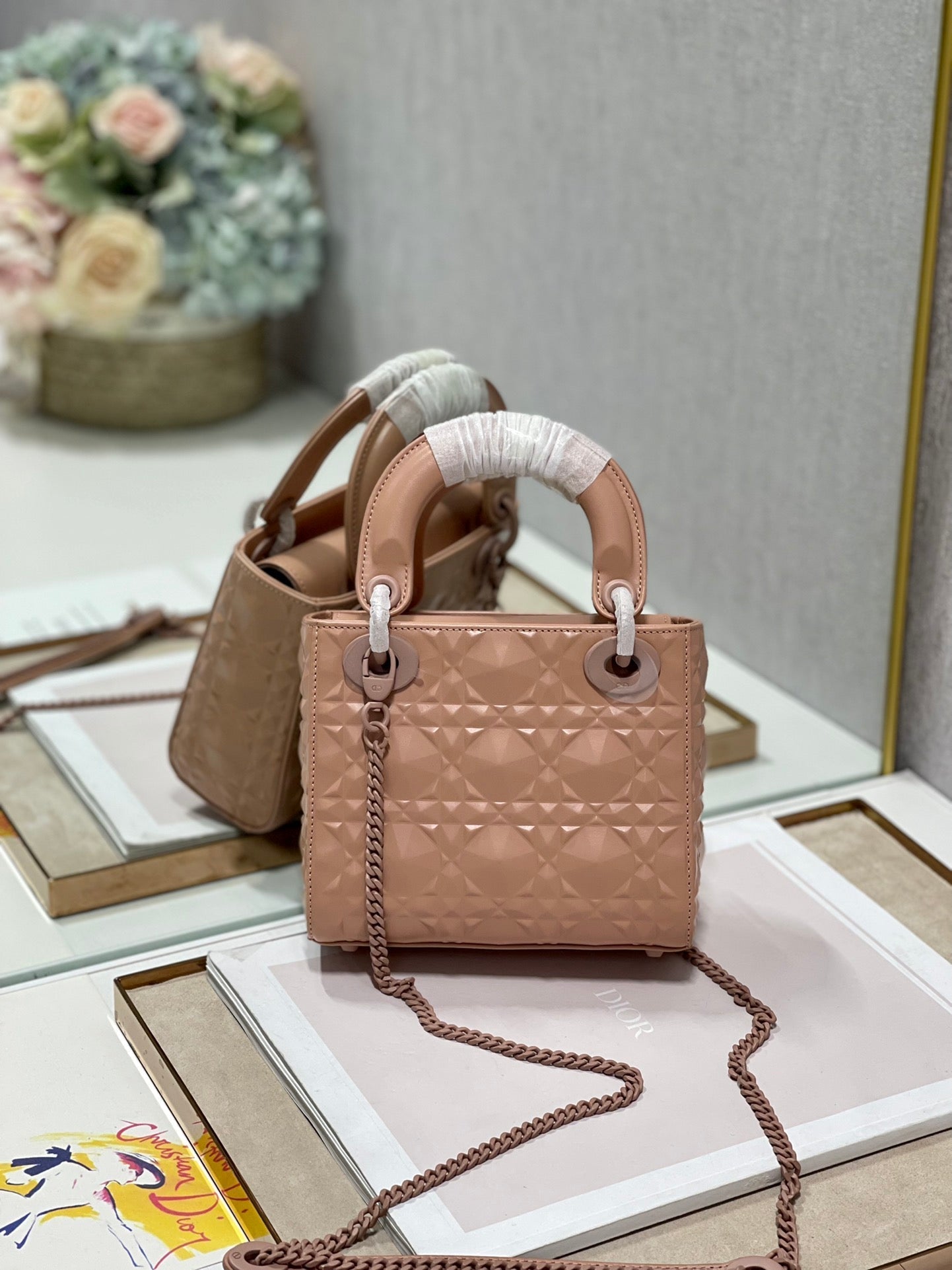 Top Quality Mini Lady Bag Cannage with Beaded Motif, Brown, For Women Womens Handbags, Crossbody Bags, 18cm CD